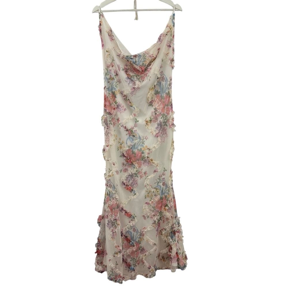 PrettyLittleThing Women’s Maxi Cowl Neck White Floral Ruffle Dress Size 6